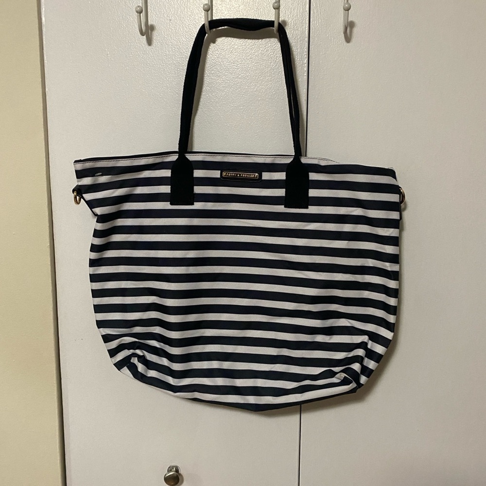 Poppy & Peonies Black and White Striped Tote Bag